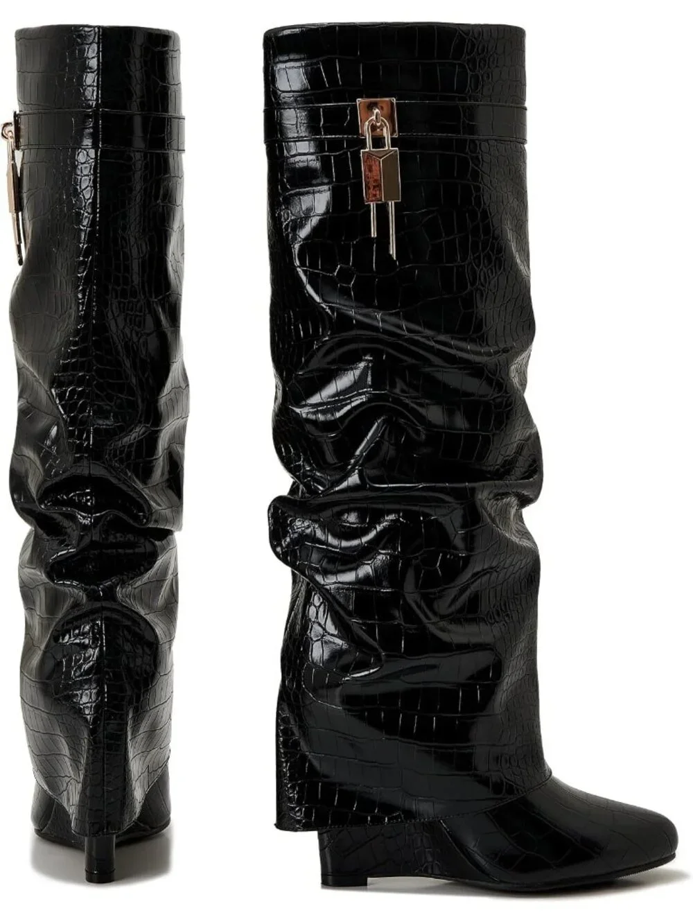 Women's Black Crocodile Pointed Toe Wedge Heel Side Zipper Knee High Shark Boots